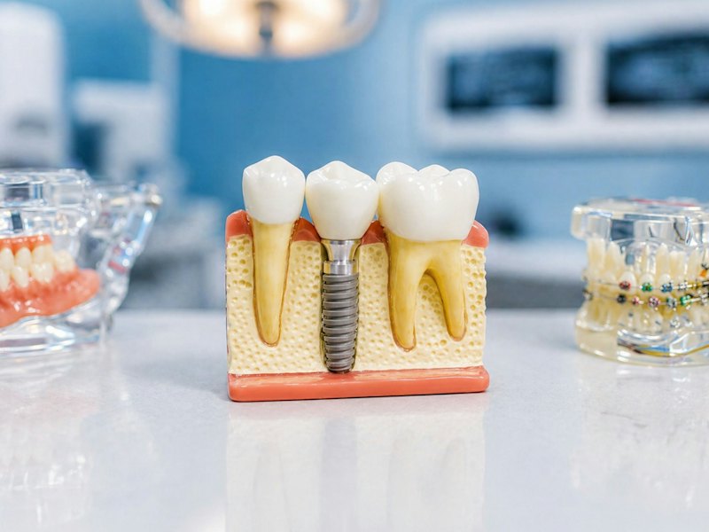 Modelo didáctico de un implante dental con hueso y corona, imagen de referencia.